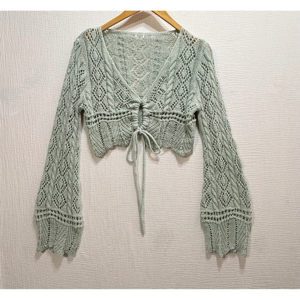 Cider Cropped Cardigan Womens M Sage Green Tie Front Pointelle Knit Fairycore